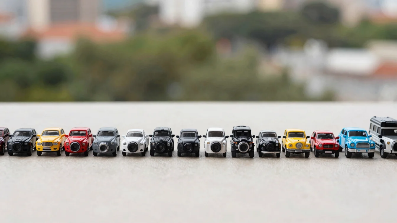 Vista de cima de rodas de miniaturas enfileiradas para comparação