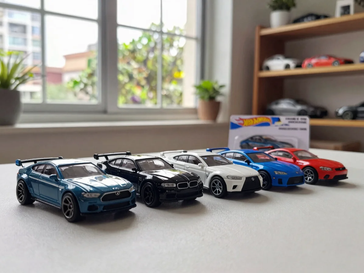 Macro editorial photograph of Hot Wheels and Mini GT die-cast cars lined up on a neutral light surface, side light from