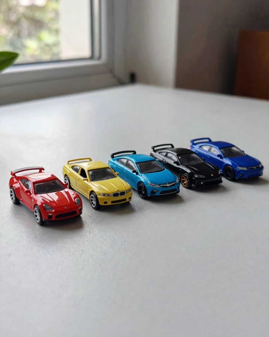 Wide editorial macro photograph of several Hot Wheels and Mini GT diecast cars arranged in an organized comparison row o