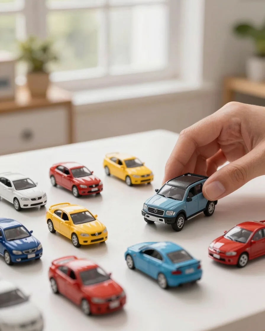 Macro editorial de miniaturas de carrinhos organizadas sobre uma