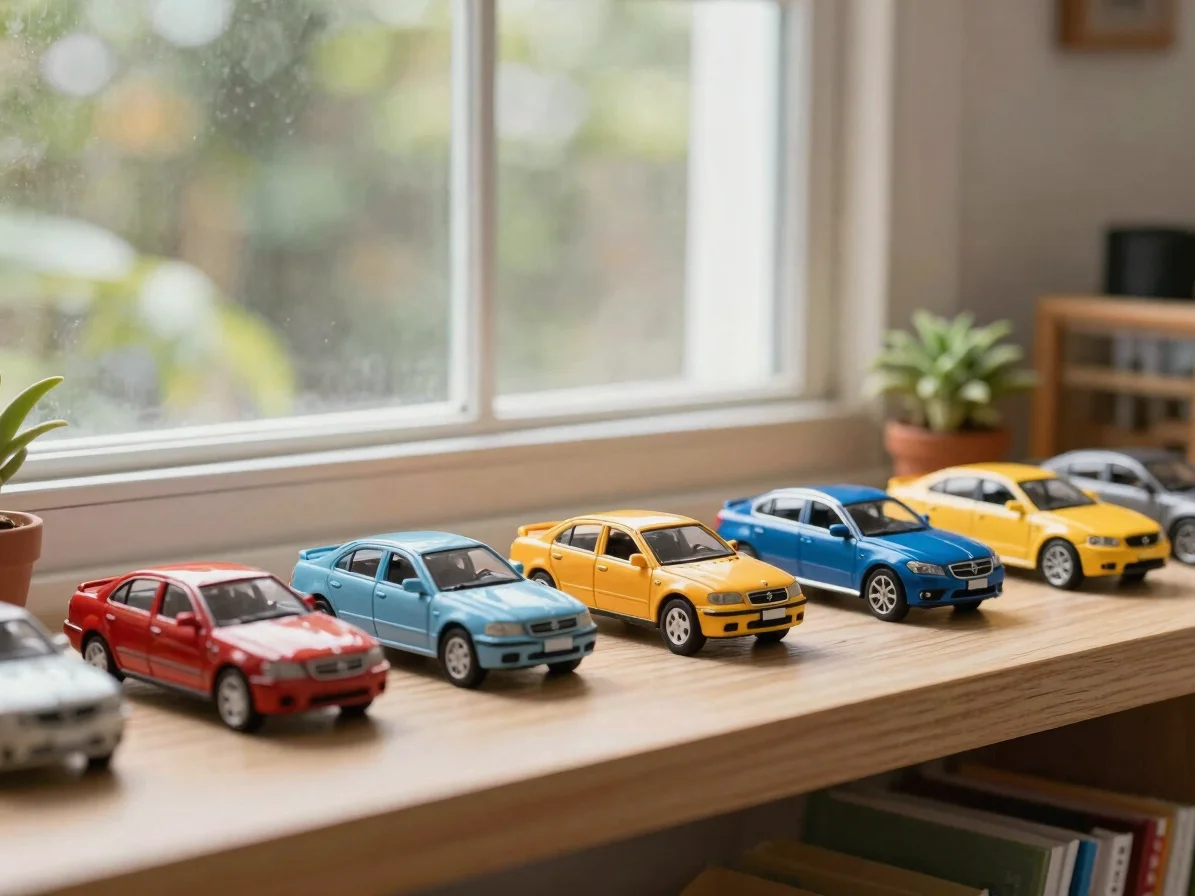 Macro editorial de miniaturas de carrinhos organizadas em uma prateleira de casa brasileira, luz natural lateral suave,