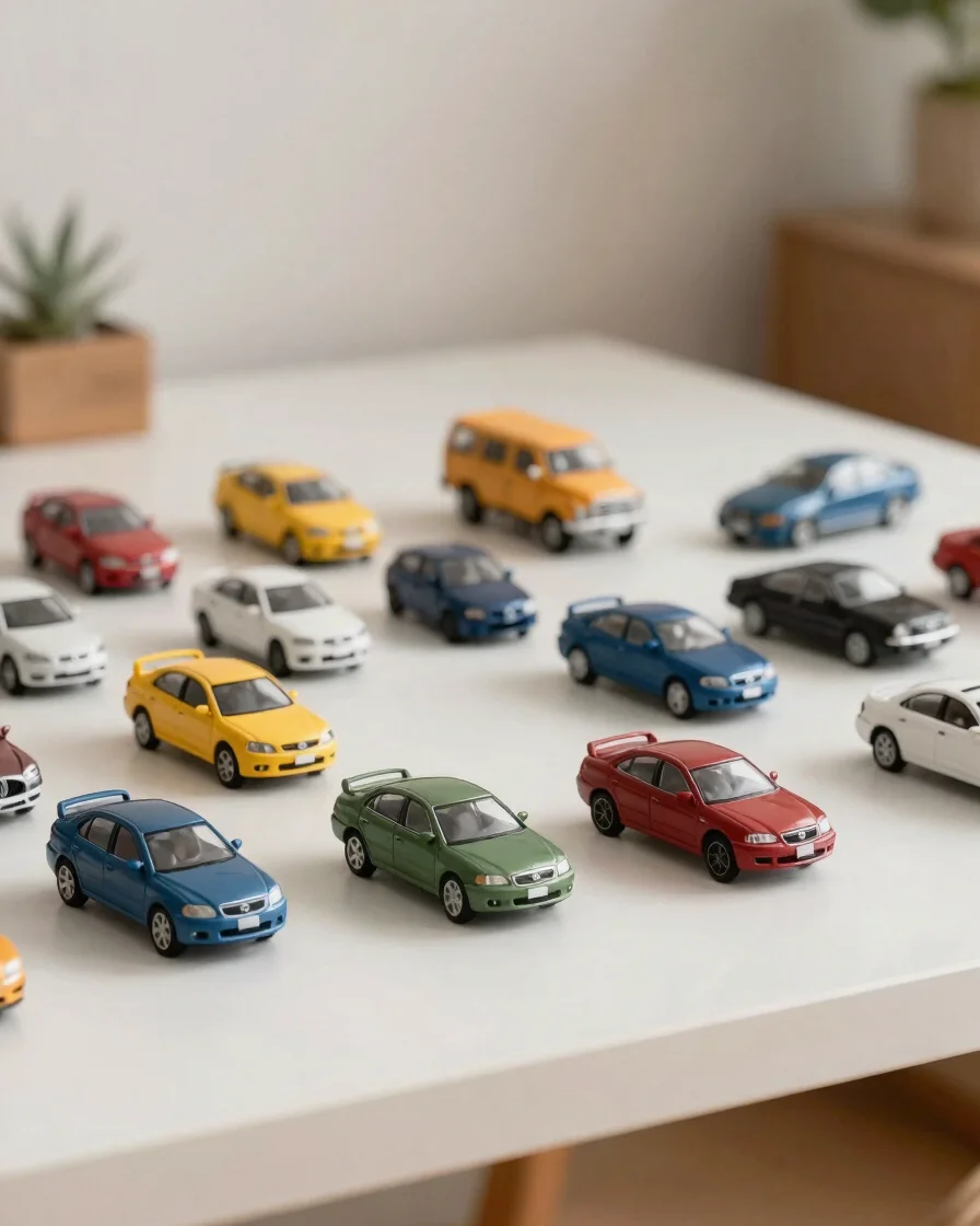 Mãos de colecionador manuseando miniaturas de carrinhos sobre uma