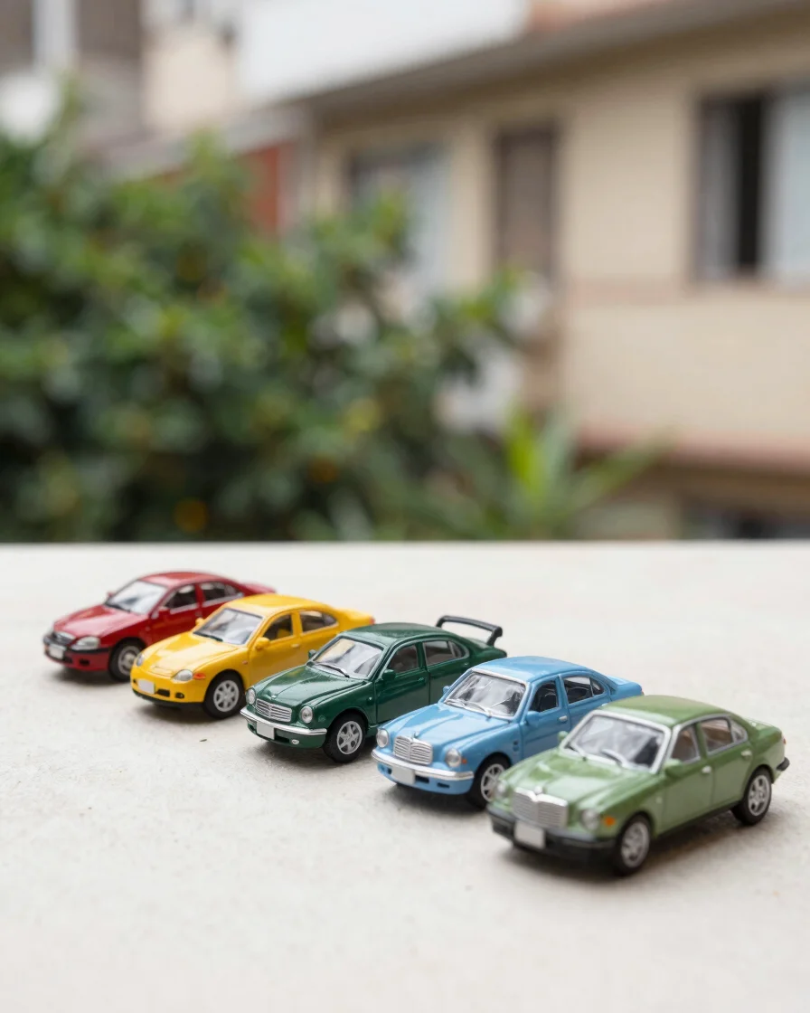 Macro editorial de miniaturas de carrinhos alinhadas sobre superf